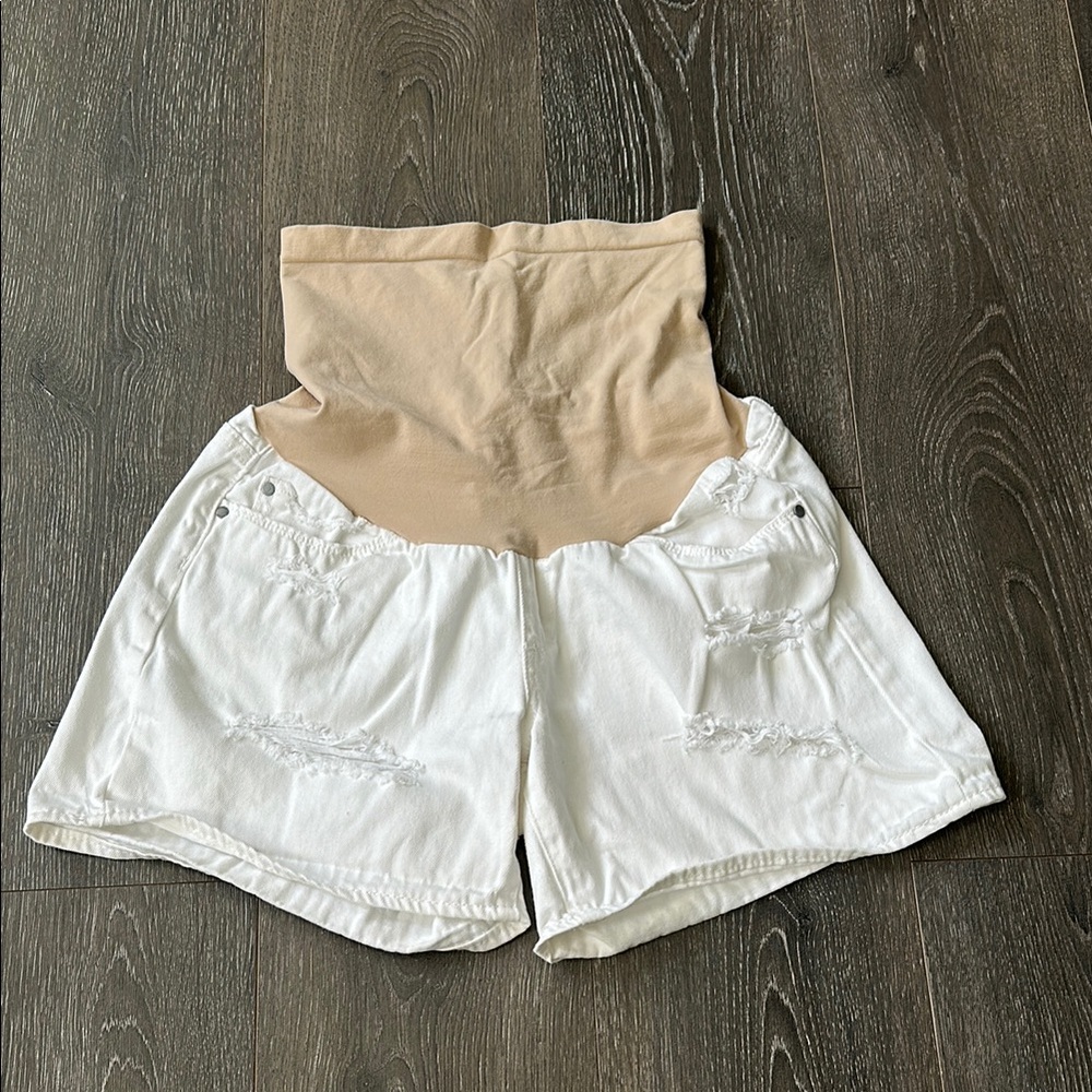 White Distressed Maternity Shorts